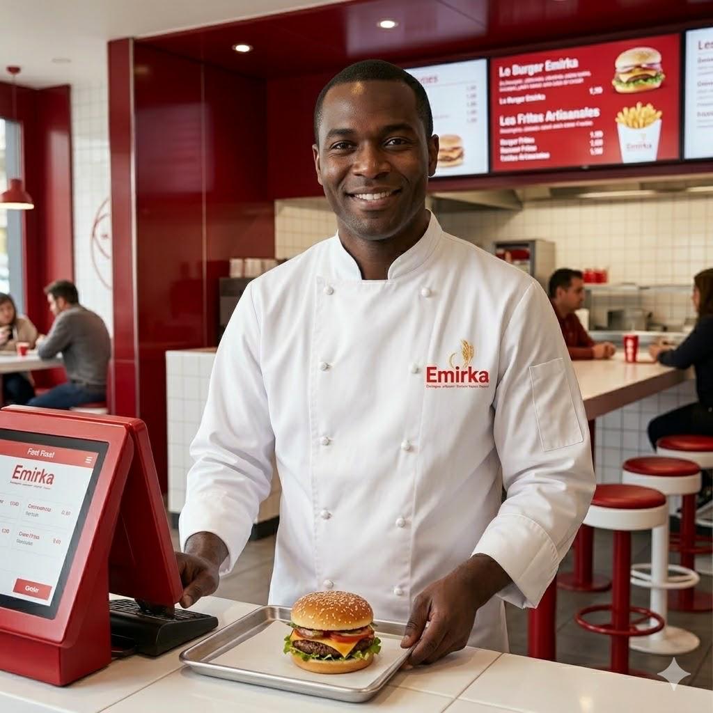 Un cuisinier en veste Emirka présente un burger au comptoir